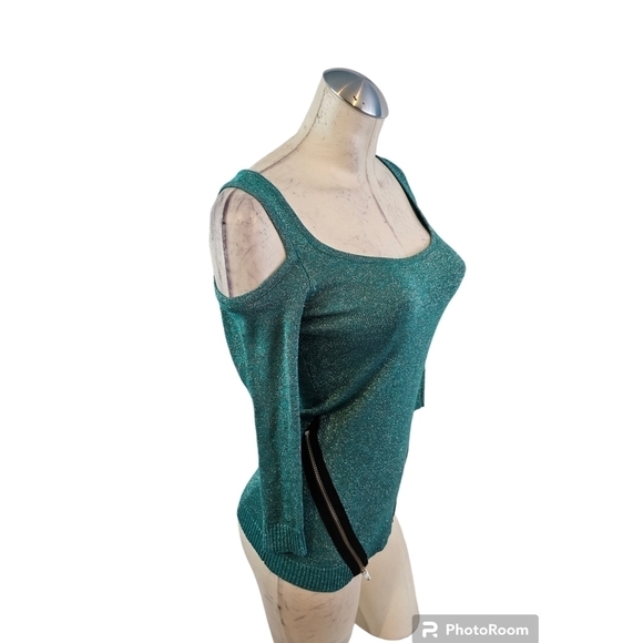 Bebe Size XS Cold Shoulder Sweater Knit Top Teal - Picture 2 of 7